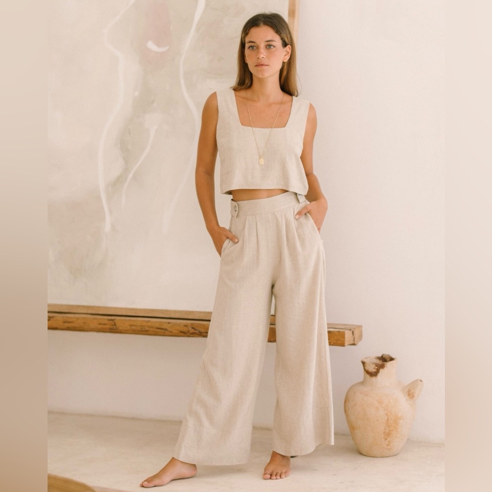 Wide-Leg 100% Linen Pants with Mother of Pearl Buttons - Sustainable Fashion